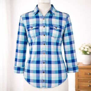 Abercrombie Fitch Womens Plaid Shirt Classic Button Up Size M Blue 3/4 Sleeve